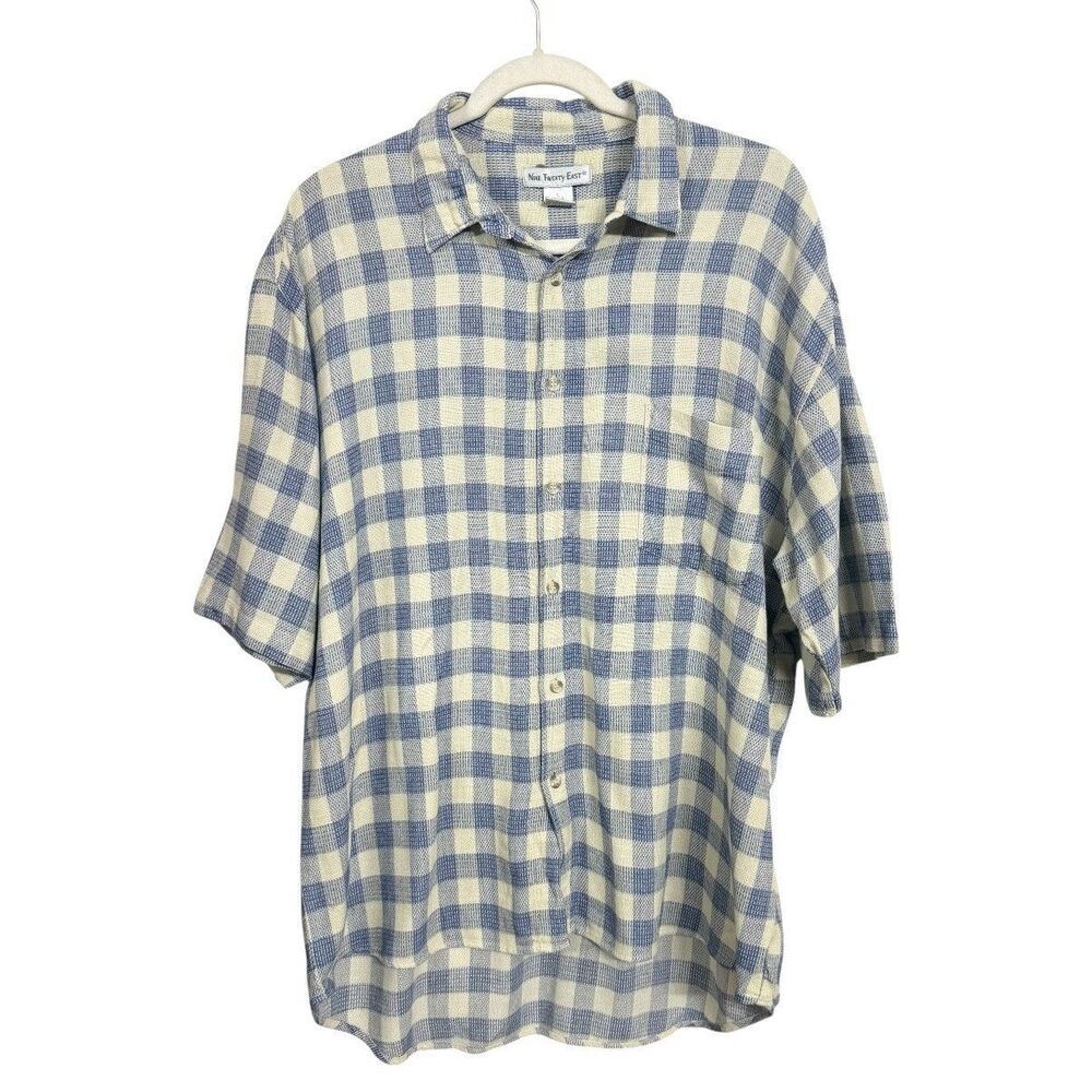 Nine Twenty East Men's Sz L Blue Cream Plaid Short Sleeve Button-Up Shirt VTG